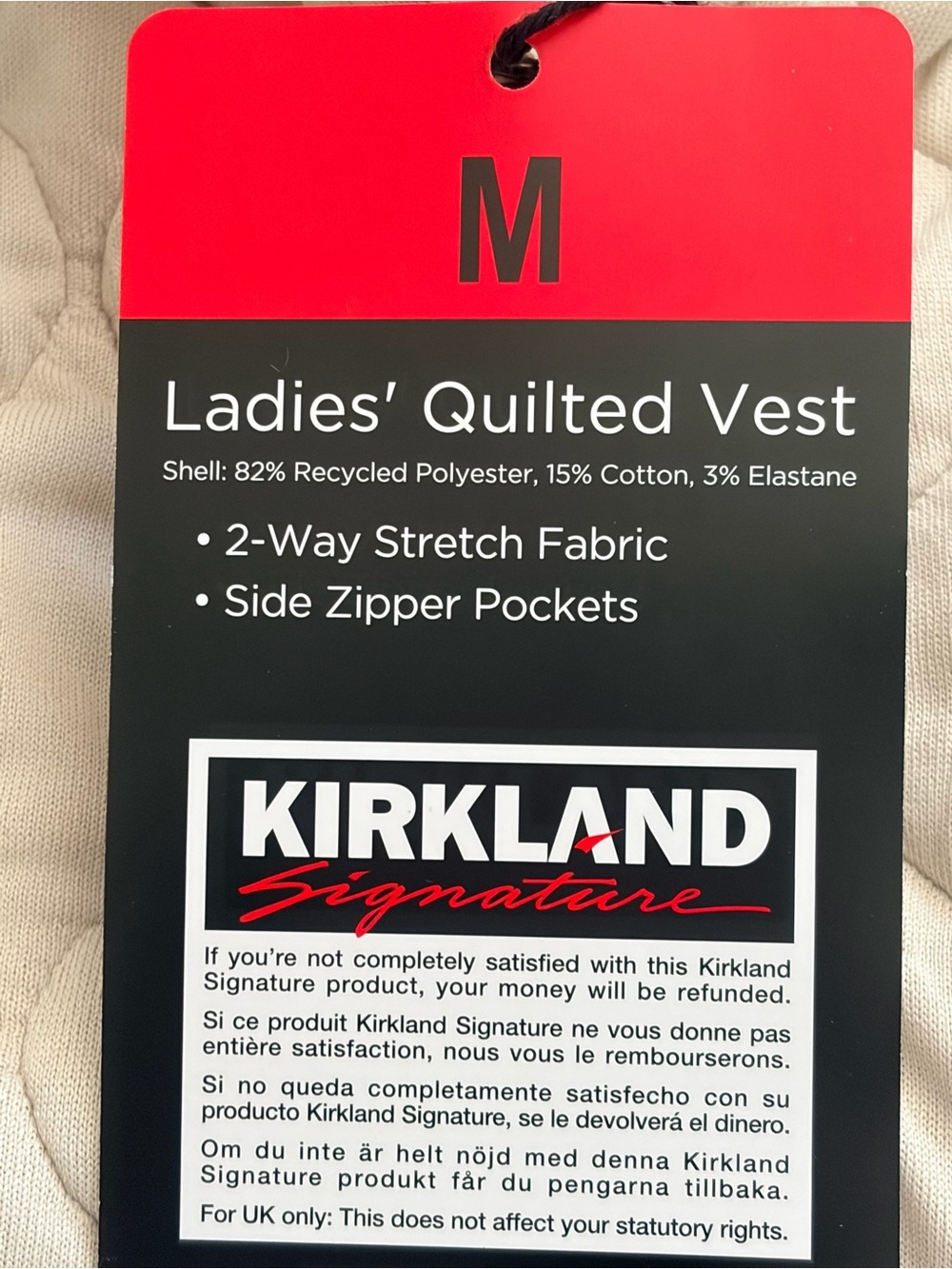 Kirkland Signature Cream Quilted Vest with Stand Collar M - Picture 6 of 7